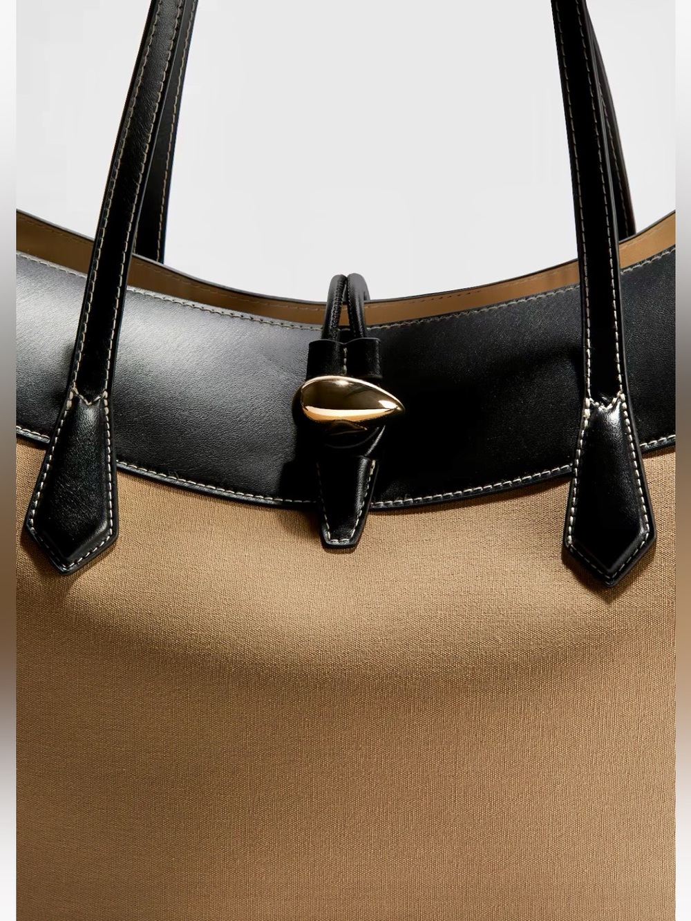 H&M NWT Large oversized Beige Black Structured canvas Tote Bag gold button - Picture 5 of 6